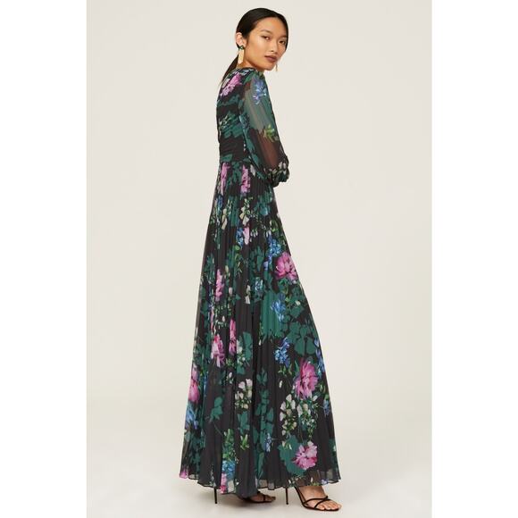 Badgley Mischka Black Floral Print Long Sleeve V-Neck Pleated Chiffon Gown 12 - Picture 2 of 16